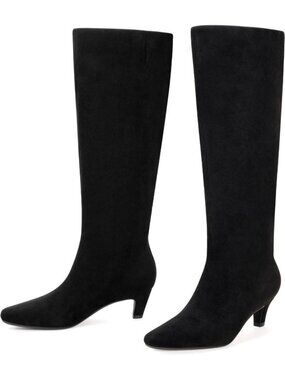 Women's Black Suede Knee High Boots Chic Kitten Heel Tall Boots Square Toe
